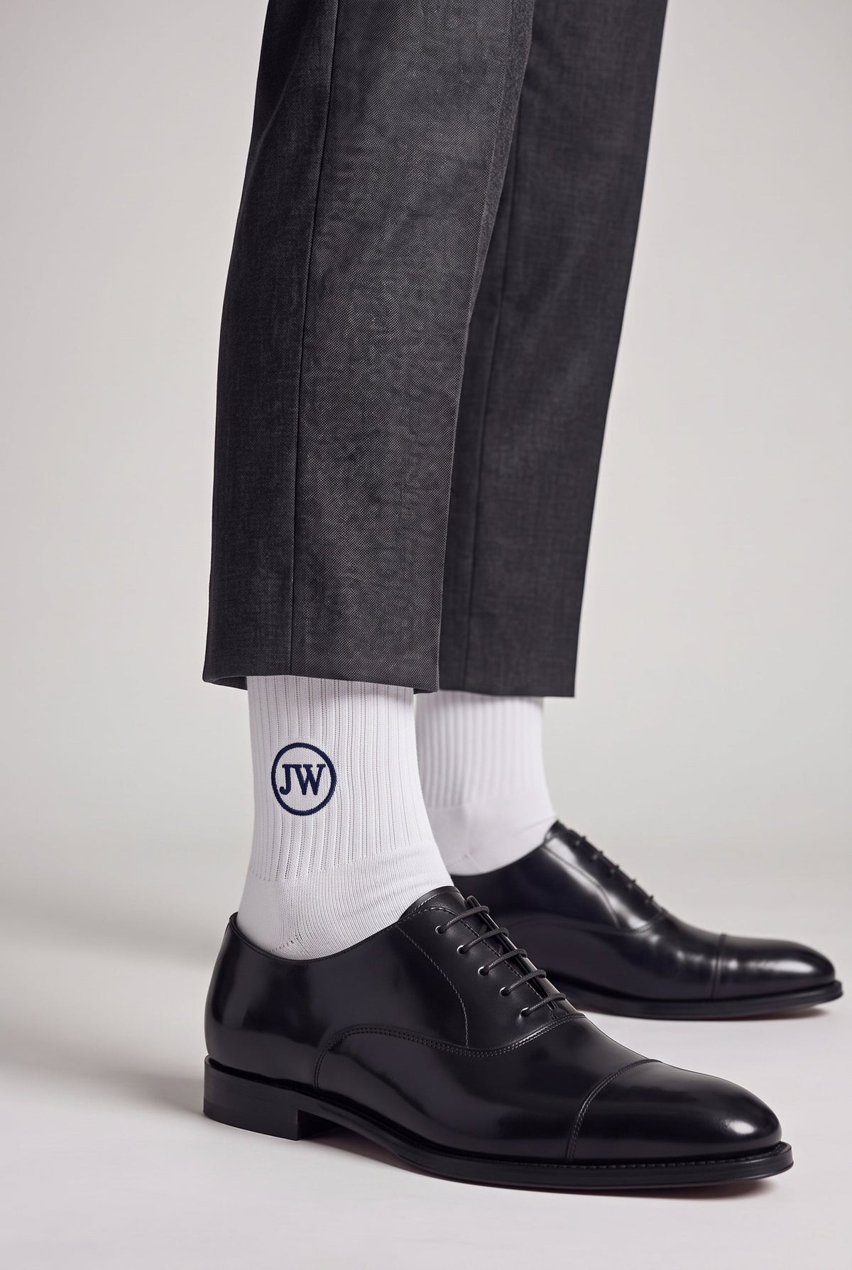 White Grey personalized embroidered plain dress socks, worn, second angle — made to order