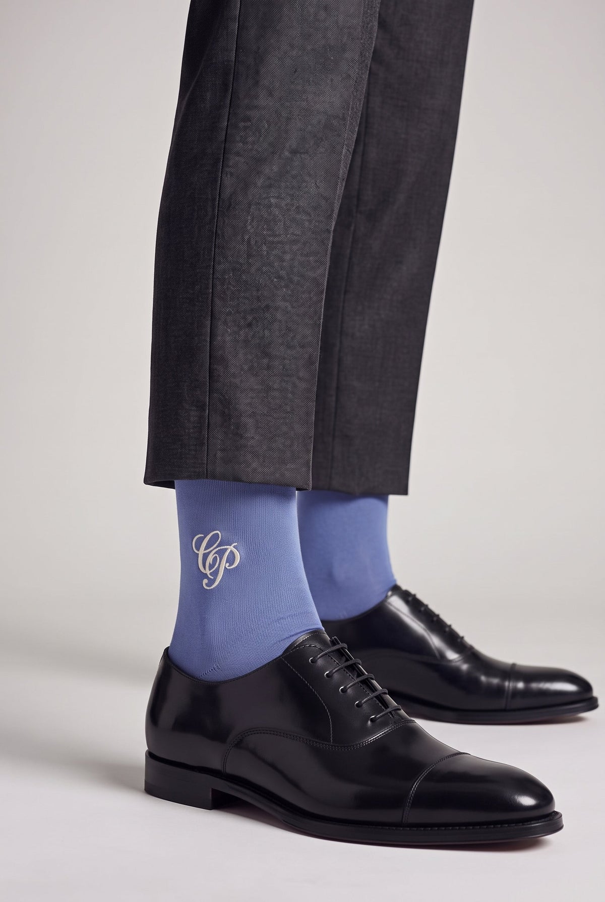 Blue personalized embroidered plain dress socks, worn, second angle — made to order