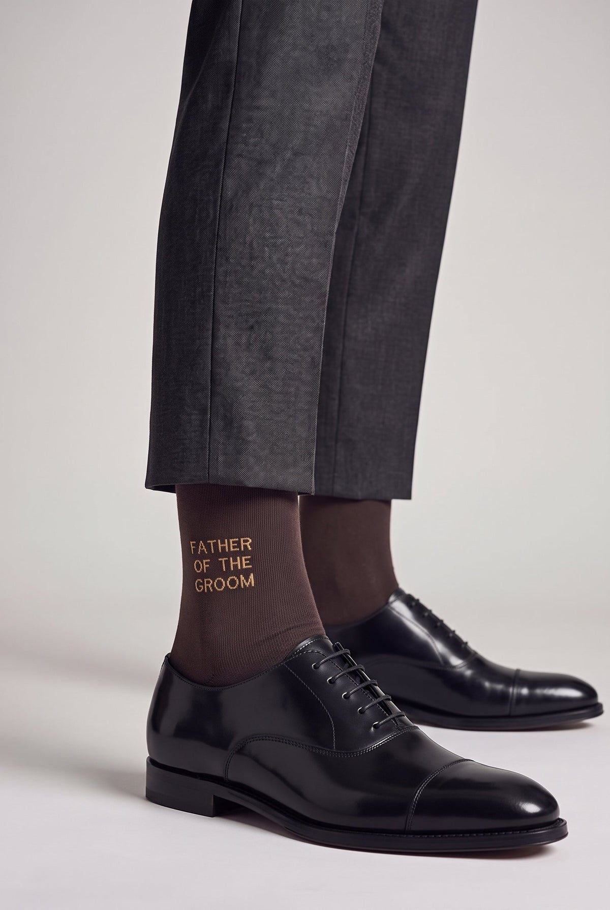 Dark Brown personalized embroidered plain dress socks, worn, second angle — made to order