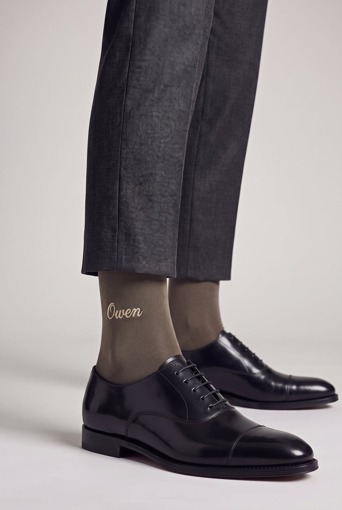 Khaki personalized embroidered plain dress socks, worn, second angle — made to order
