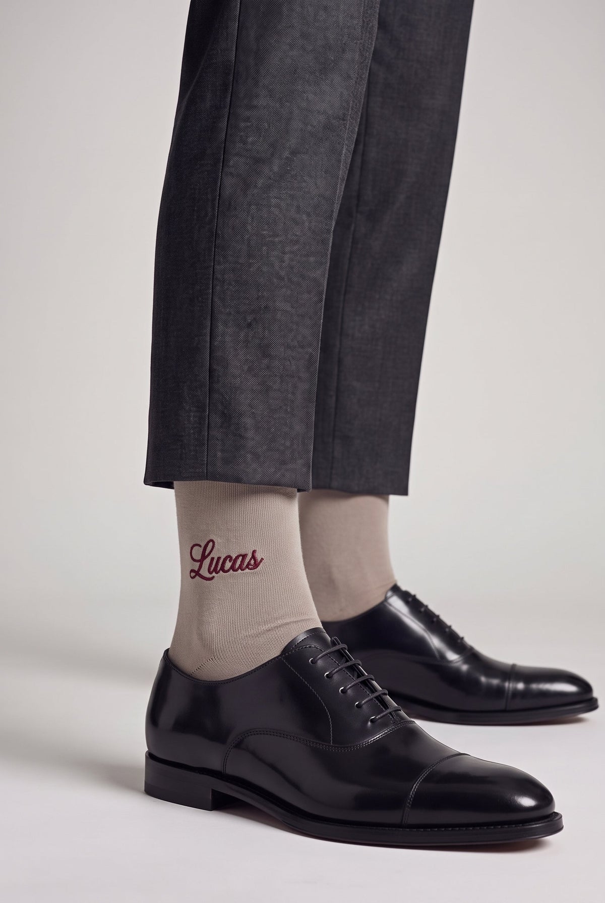 Cream personalized embroidered plain dress socks, worn, second angle — made to order