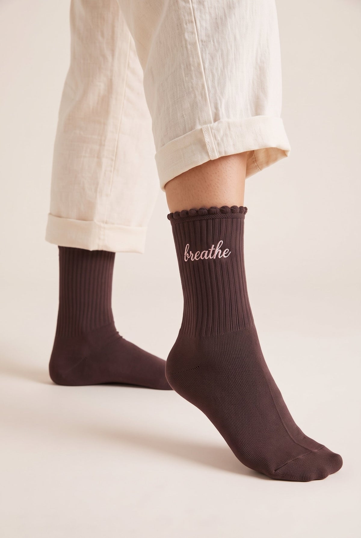 Burgundy Brown personalized embroidered ruffle socks, worn, second angle — made to order