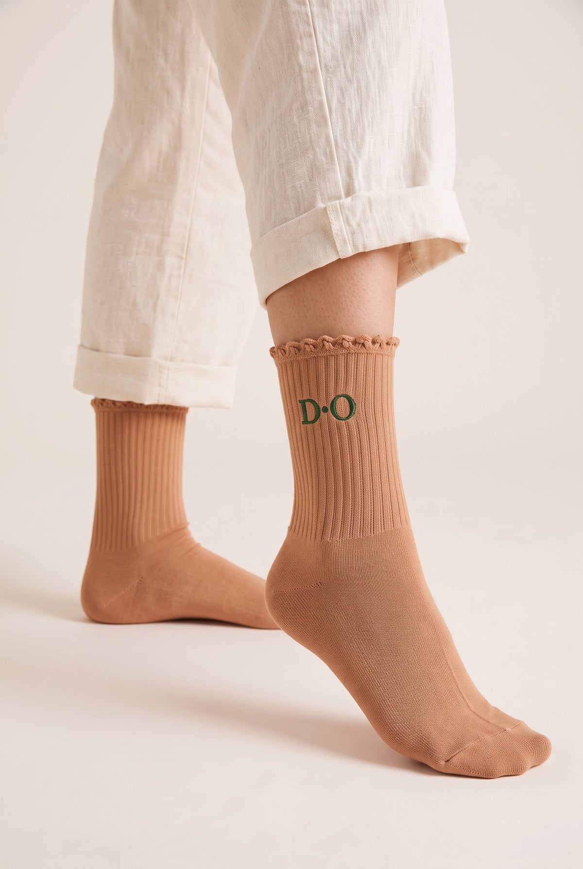 Camel personalized embroidered ruffle socks, worn, second angle — made to order