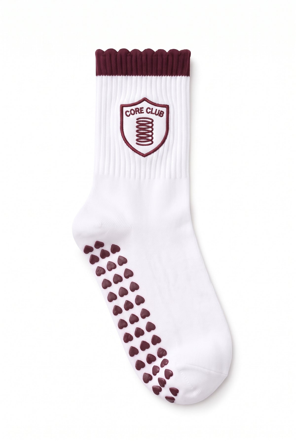 Burgundy ruffle pilates grip socks, close-up of the custom embroidery on the ankle — embroidered to order