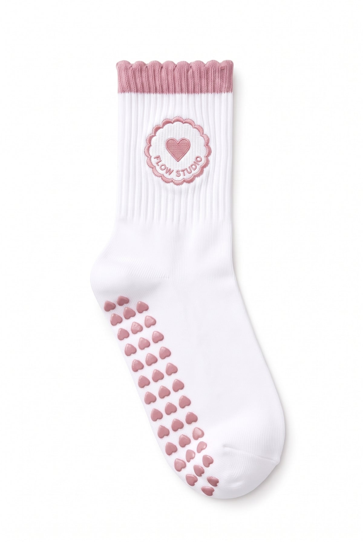 Pink ruffle pilates grip socks, close-up of the custom embroidery on the ankle — embroidered to order