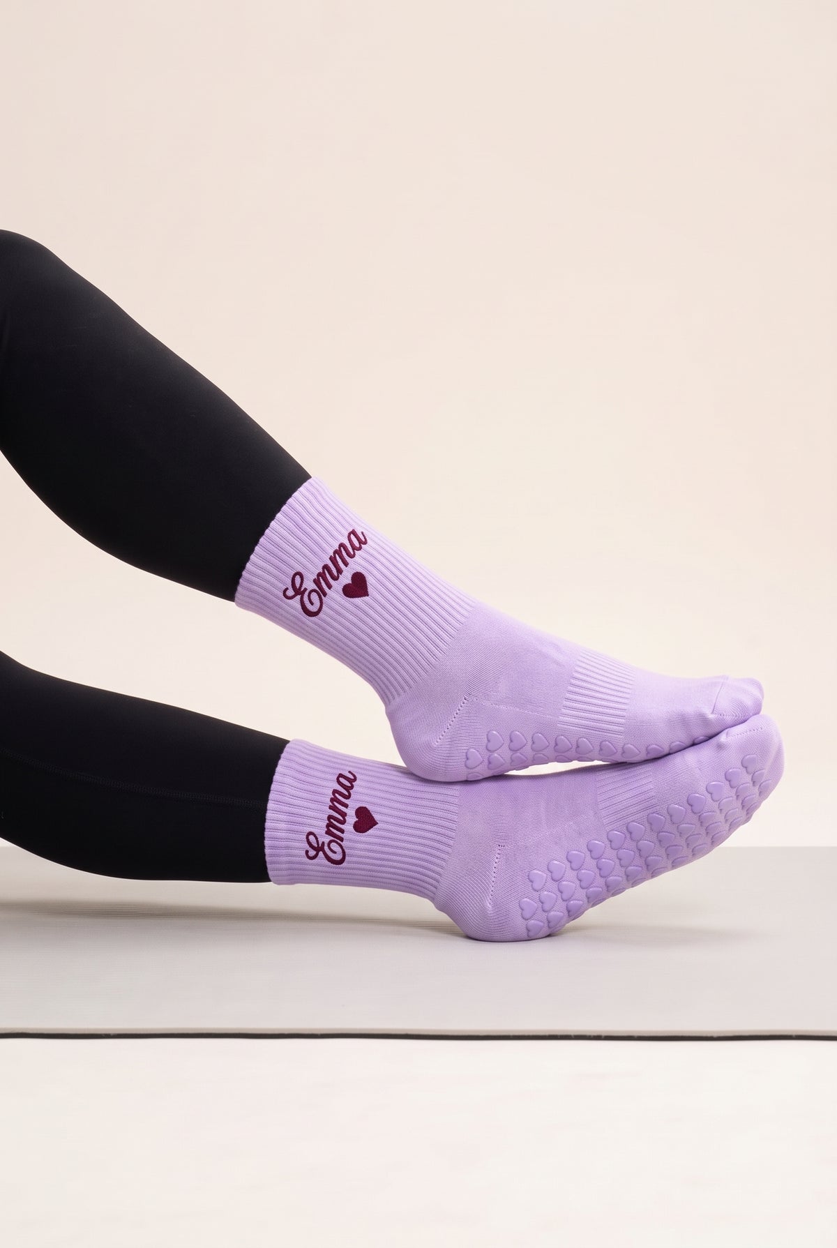 Lilac pilates grip socks, worn, side view — embroidered to order