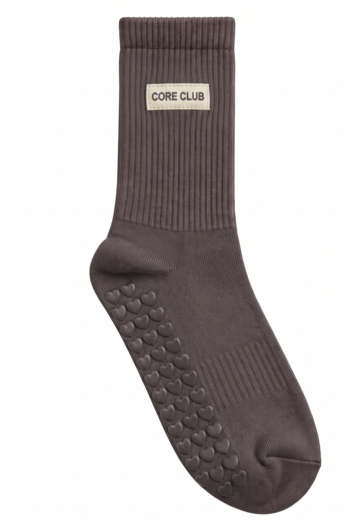 Charcoal pilates grip socks, close-up of the custom embroidery on the ankle — embroidered to order