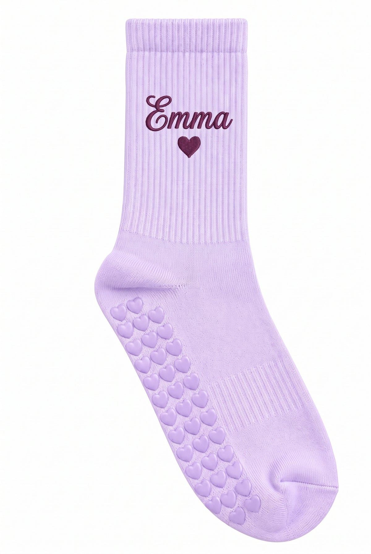 Lilac pilates grip socks, close-up of the custom embroidery on the ankle — embroidered to order