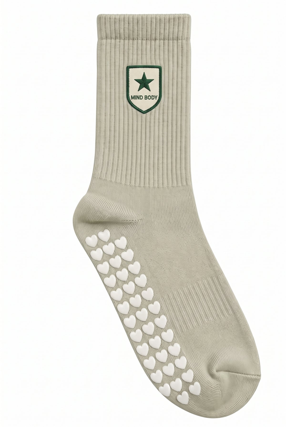 Khaki pilates grip socks, close-up of the custom embroidery on the ankle — embroidered to order