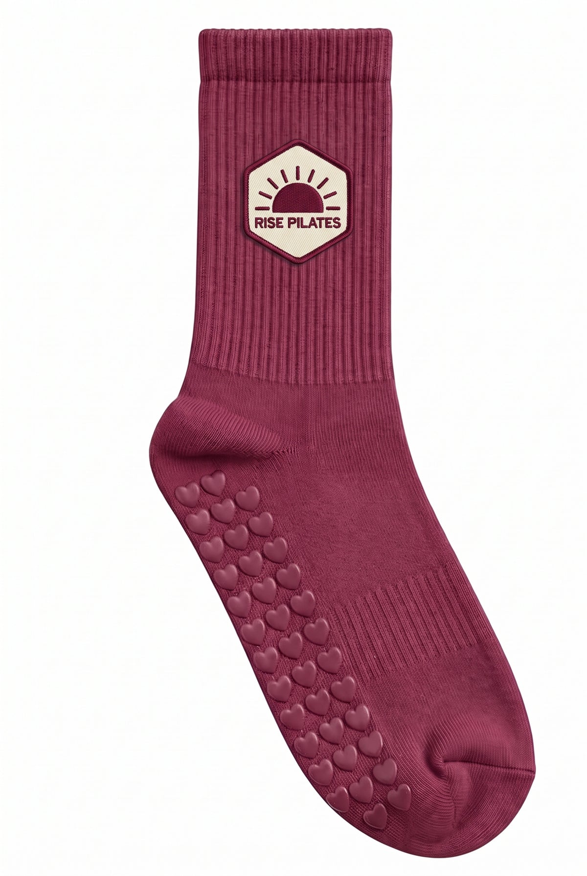 Burgundy pilates grip socks, close-up of the custom embroidery on the ankle — embroidered to order