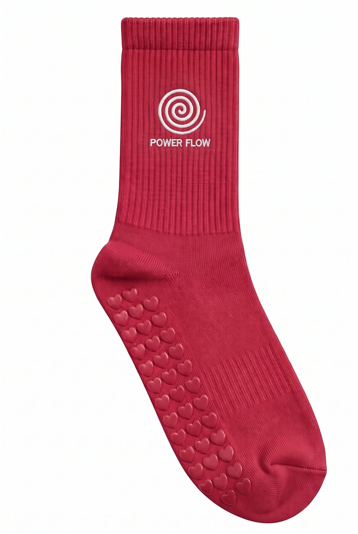 Red pilates grip socks, close-up of the custom embroidery on the ankle — embroidered to order
