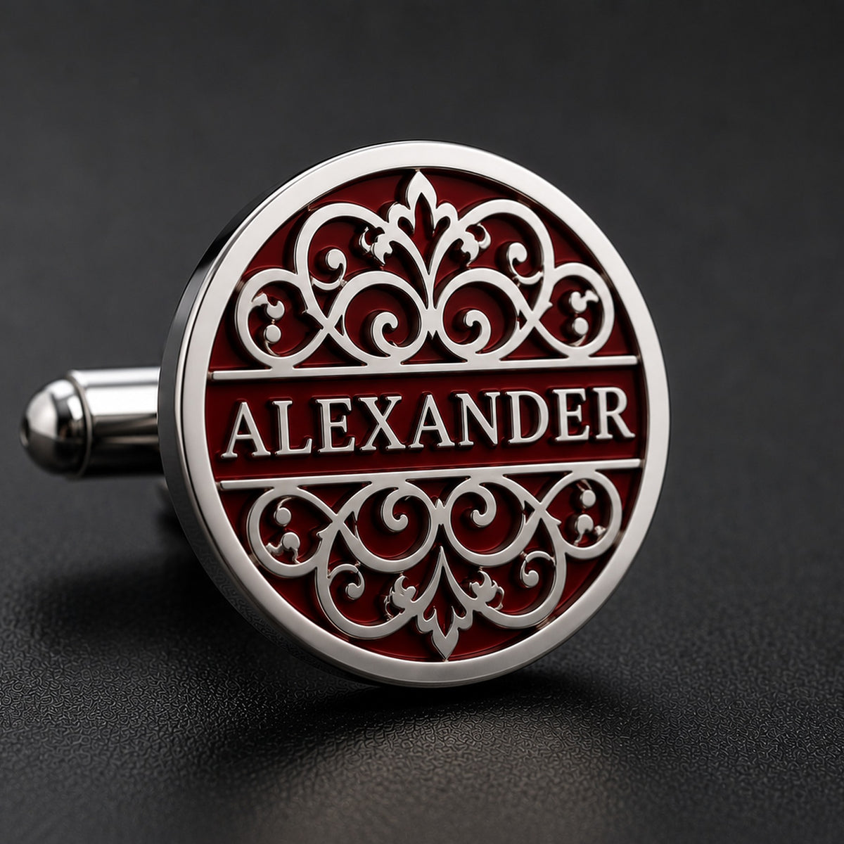 Personalized Name Cufflinks | Custom Engraved Burgundy Filigree Gift for Men