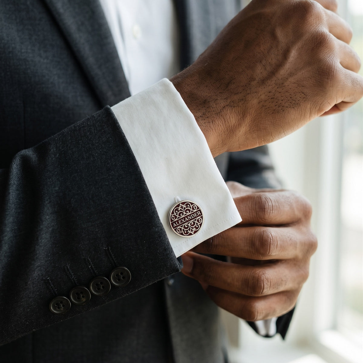 Personalized Name Cufflinks | Custom Engraved Burgundy Filigree Gift for Men