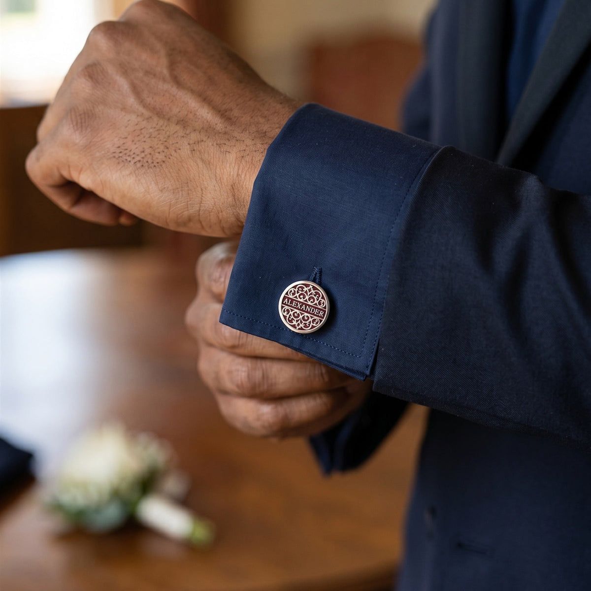 Personalized Name Cufflinks | Custom Engraved Burgundy Filigree Gift for Men