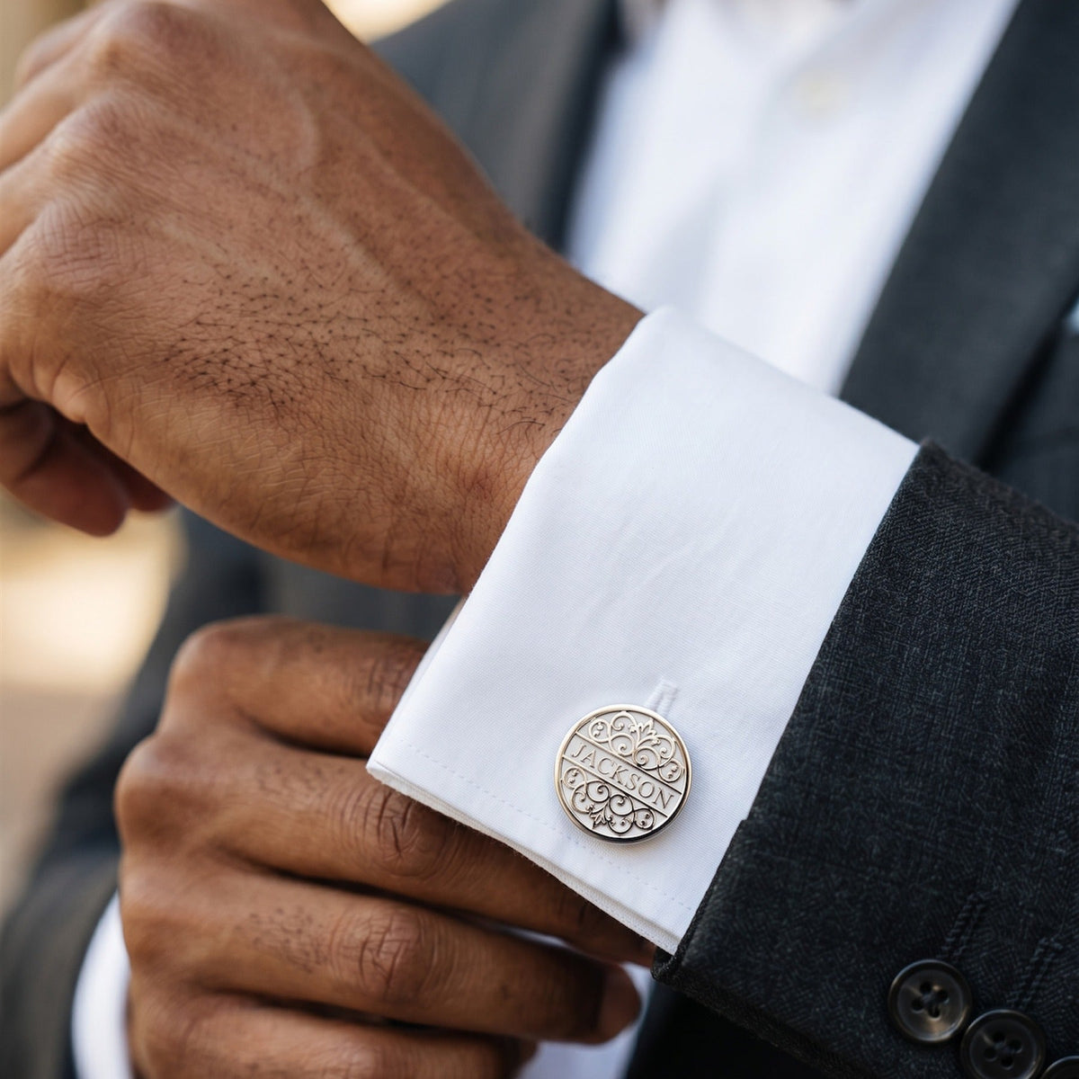 Personalized Surname Cufflinks | Custom Engraved Name Filigree Groom Gift