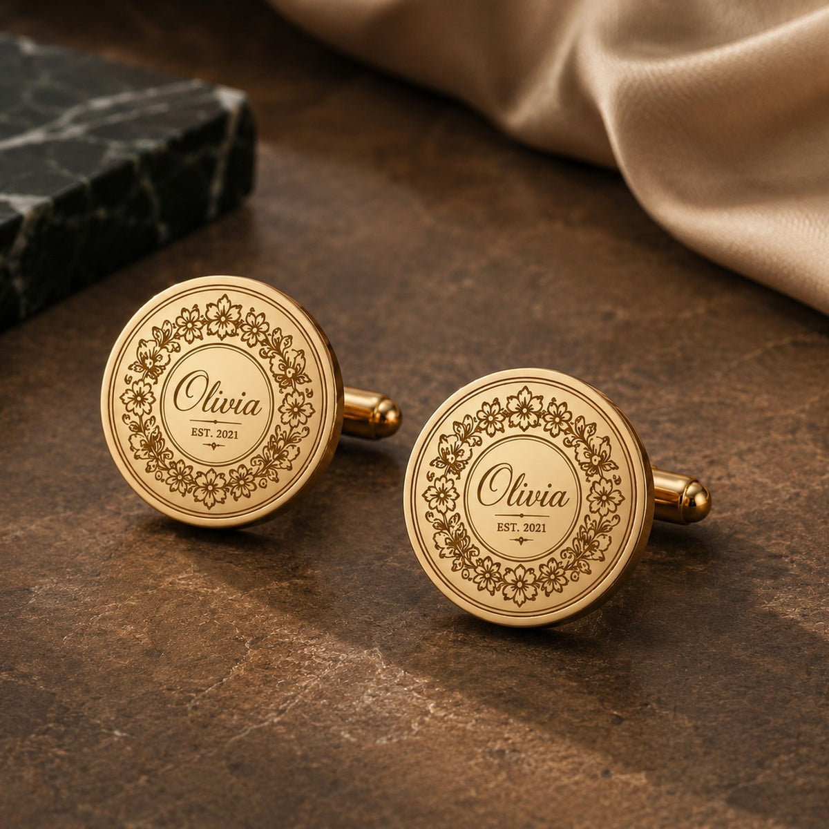 Personalized Name Cufflinks | Custom Engraved Floral Wreath Est. Date Gift