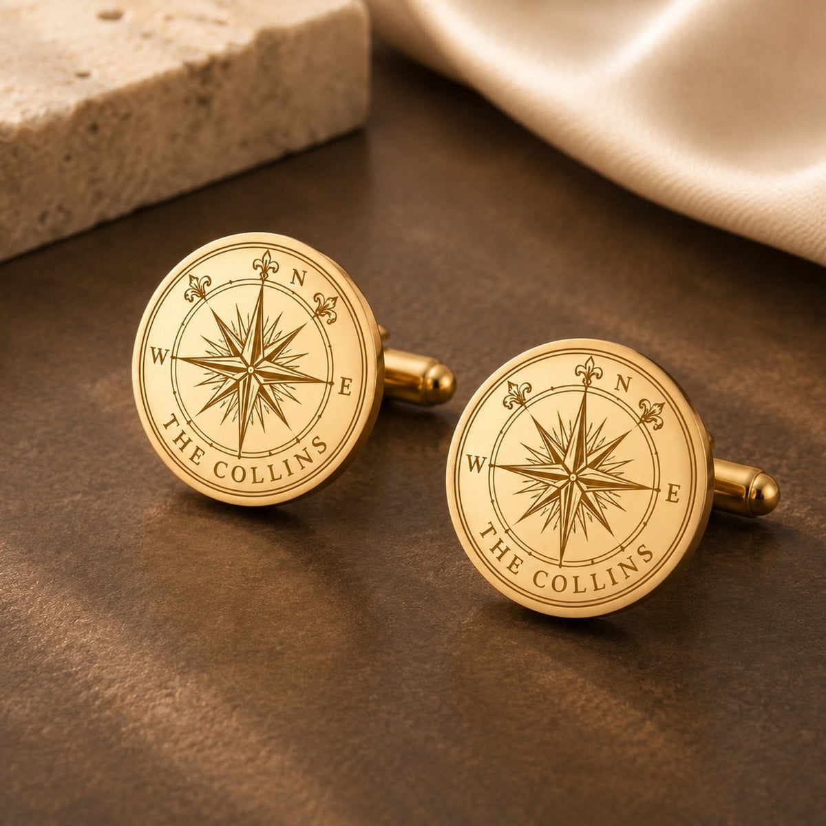 Personalized Compass Rose Cufflinks | Engraved Surname Nautical Groom Gift