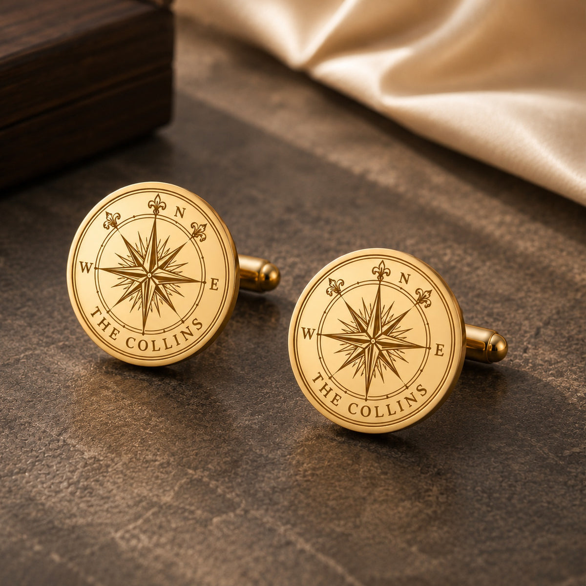 Personalized Compass Rose Cufflinks | Engraved Surname Nautical Groom Gift