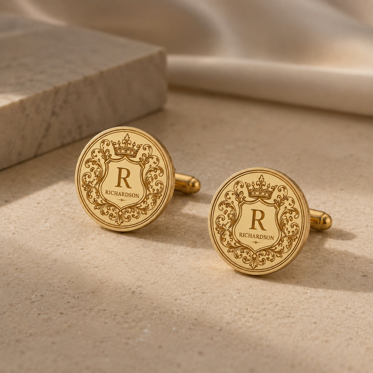 Personalized Crest Cufflinks | Custom Engraved Monogram & Surname Groom Gift