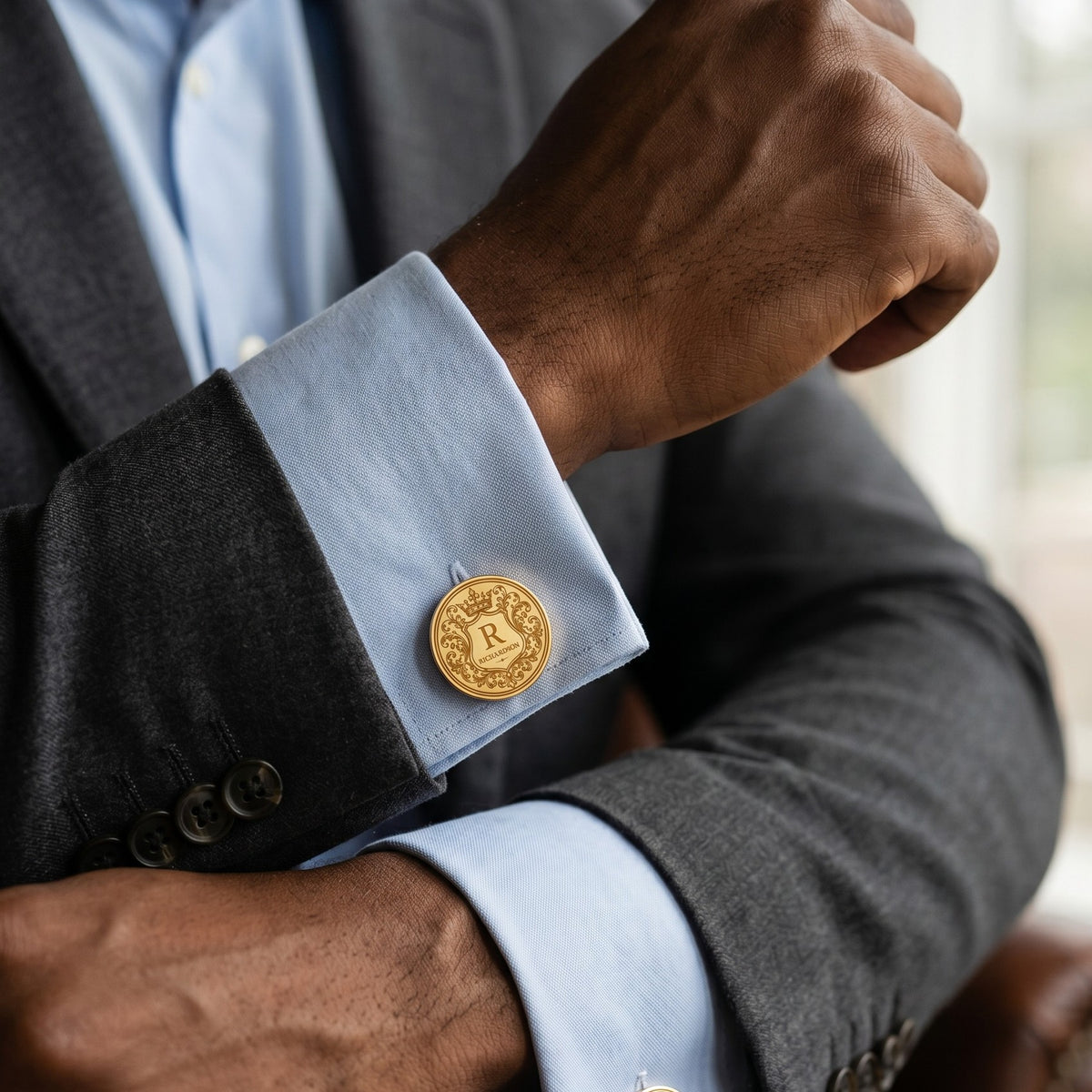 Personalized Crest Cufflinks | Custom Engraved Monogram & Surname Groom Gift