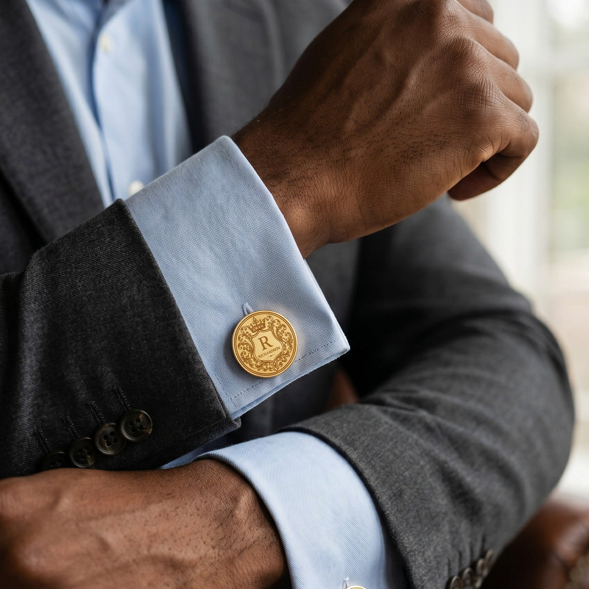 Personalized Crest Cufflinks | Custom Engraved Monogram & Surname Groom Gift