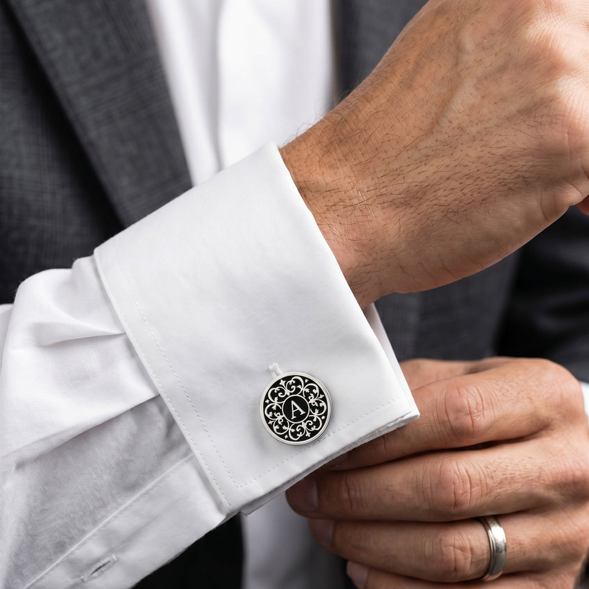 Personalized Monogram Cufflinks | Black Filigree Engraved Initial Groom Gift