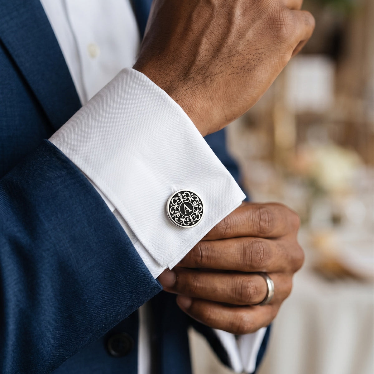 Personalized Monogram Cufflinks | Black Filigree Engraved Initial Groom Gift