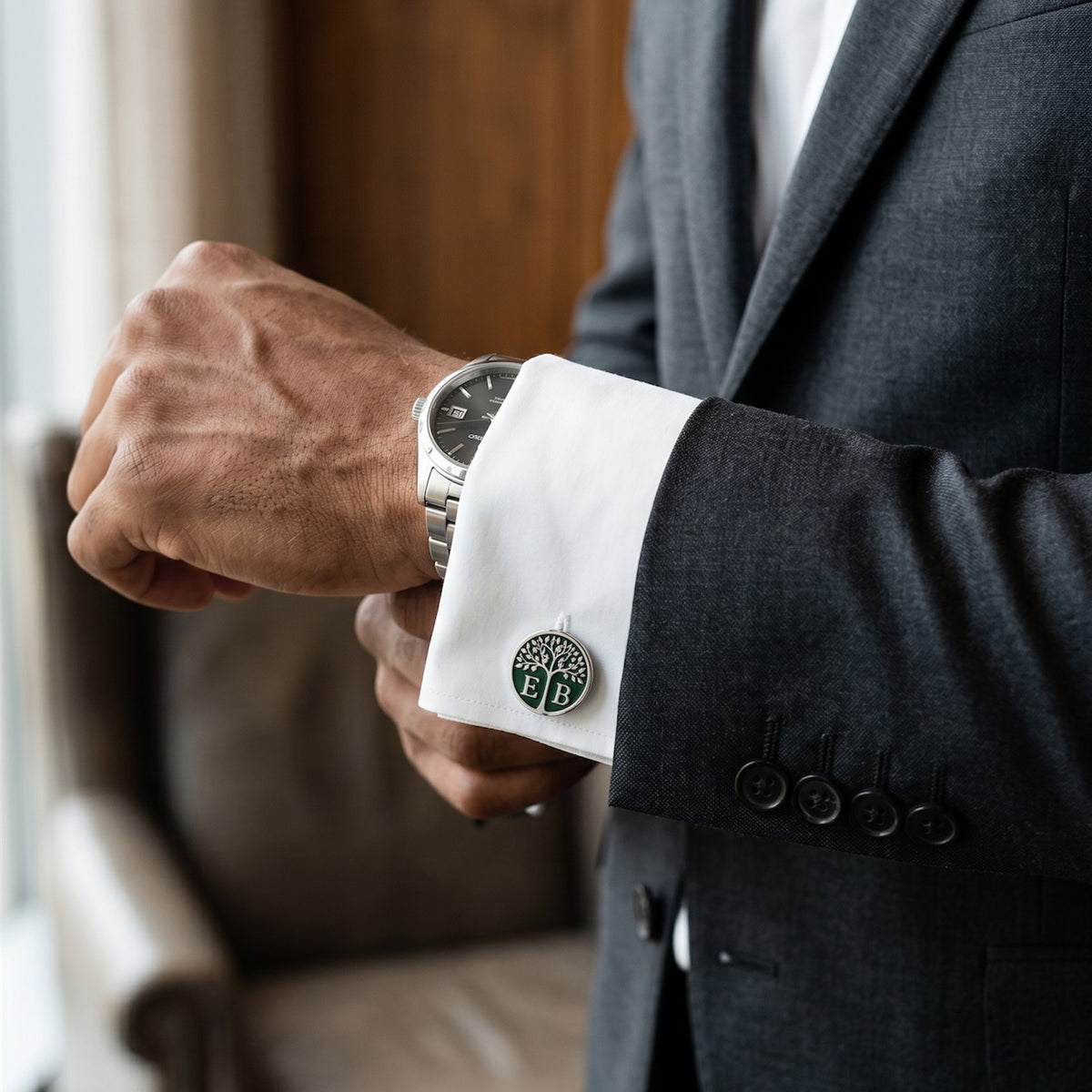 Personalized Tree of Life Cufflinks | Custom Green Monogram Initial Gift