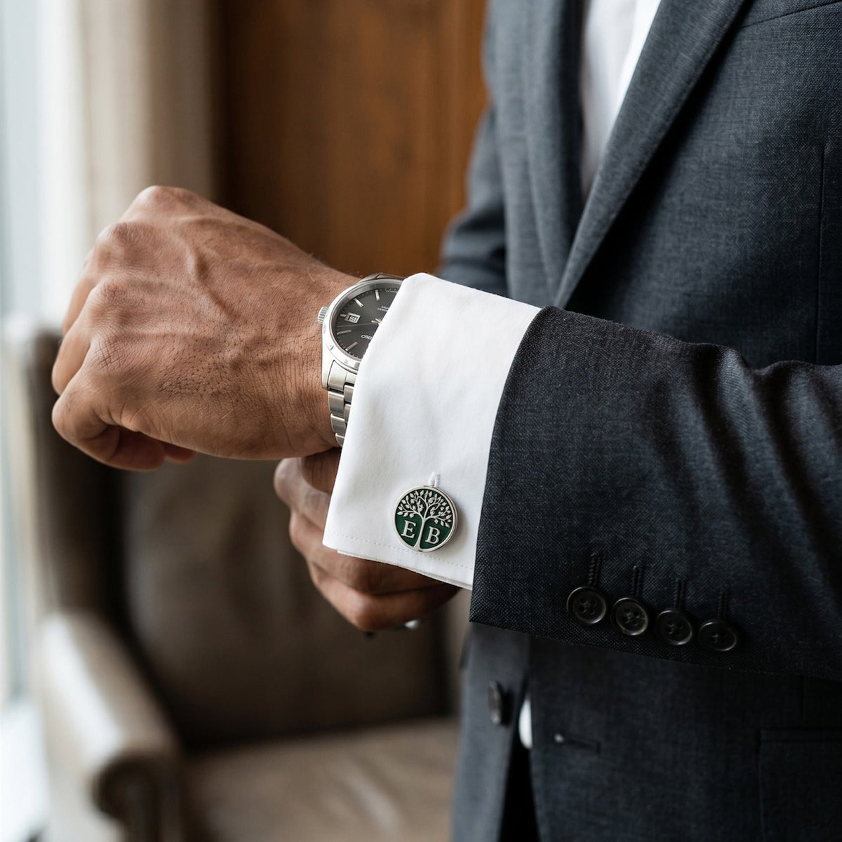 Personalized Tree of Life Cufflinks | Custom Green Monogram Initial Gift