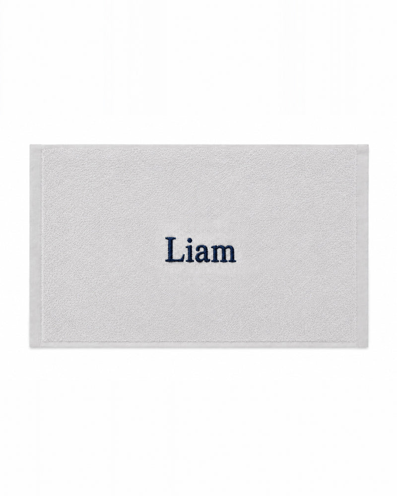 Liam Embroidered Bamboo Hand Towel | Personalized Name Towel, Navy Serif on Light Gray