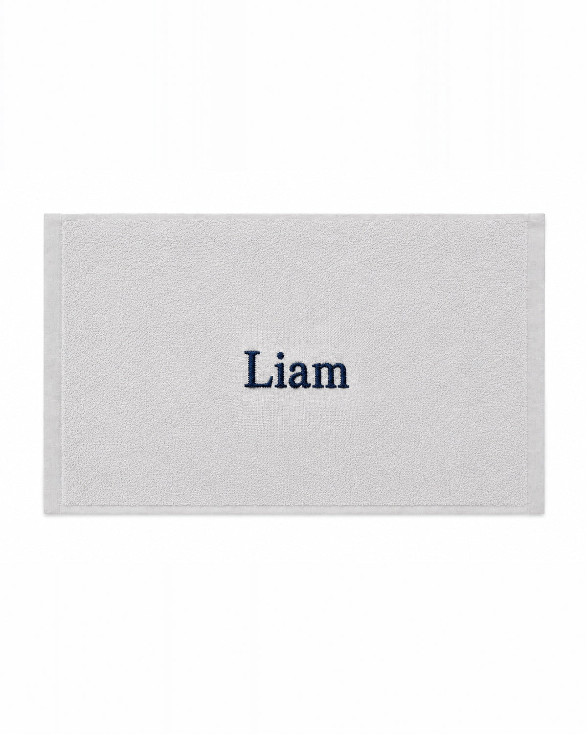 Liam personalized bamboo hand towel, navy serif embroidery on light gray