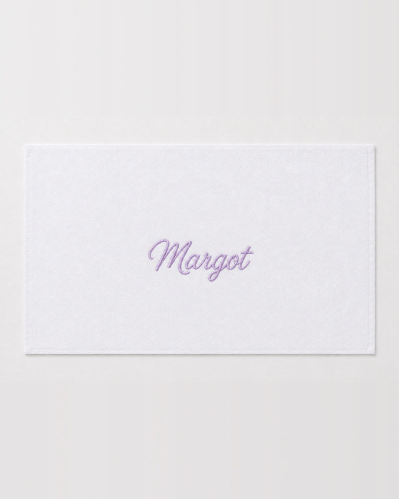 Margot Embroidered Bamboo Hand Towel | Personalized Name Towel, Lavender Script on White