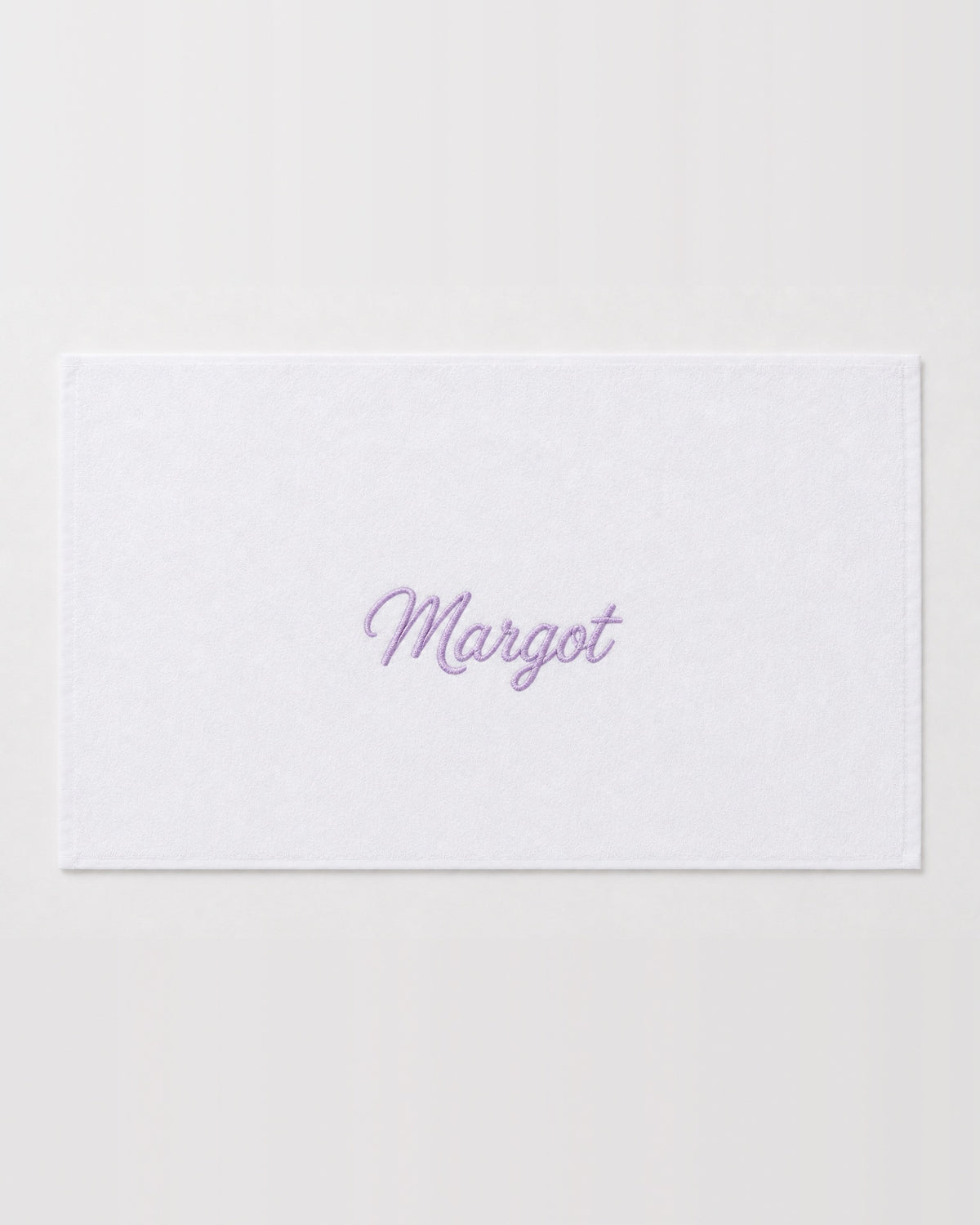 Margot personalized bamboo hand towel, lavender script embroidery on white