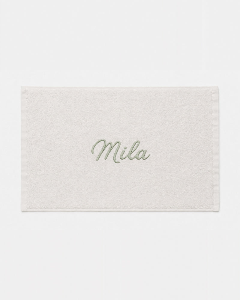 Mila Embroidered Bamboo Hand Towel | Personalized Name Towel, Sage green Script on Ivory