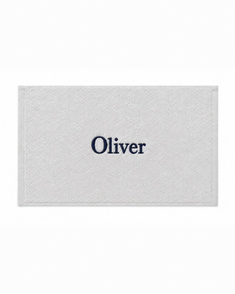 Oliver Embroidered Bamboo Hand Towel | Personalized Name Towel, Navy Serif on Light Gray