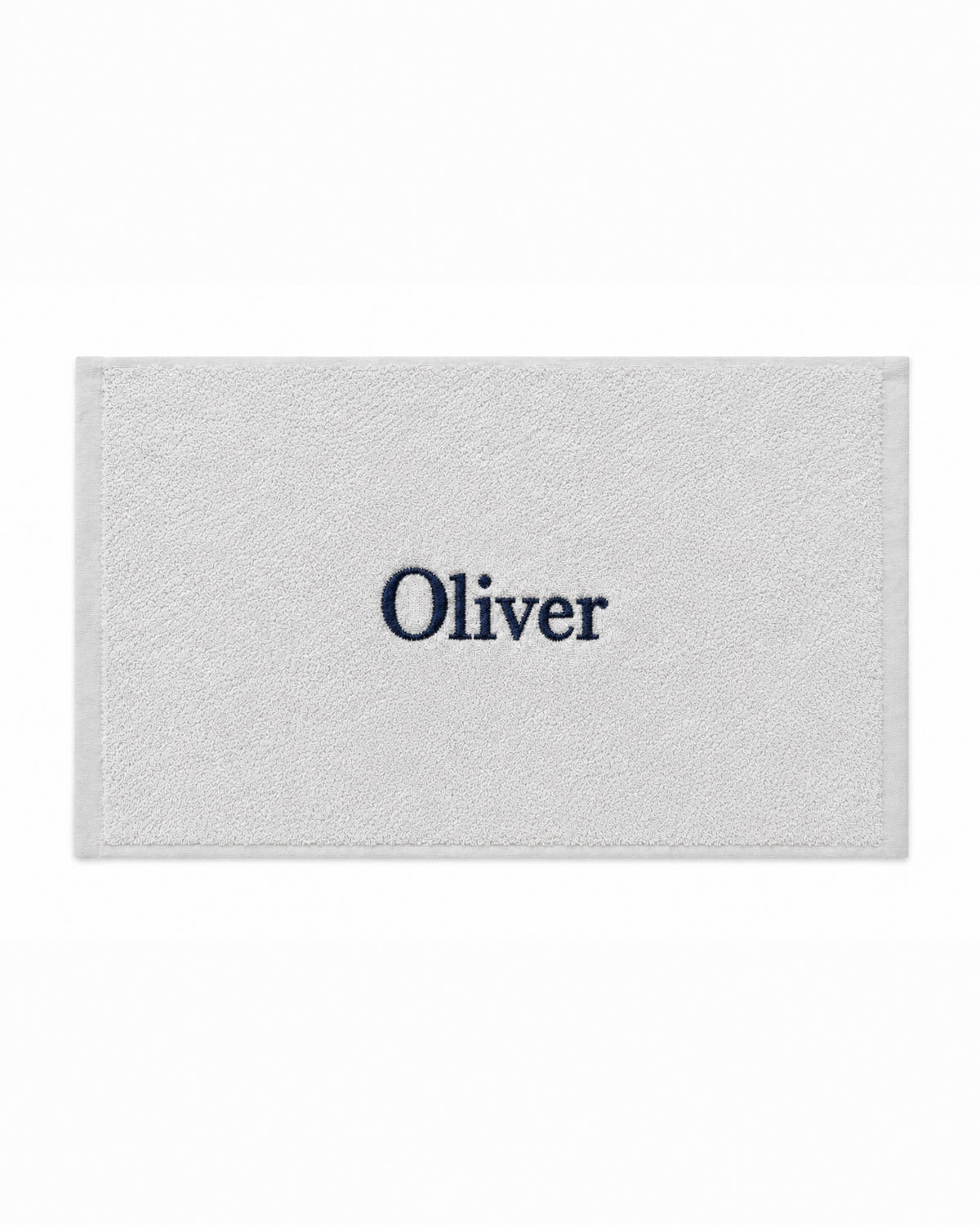Oliver personalized bamboo hand towel, navy serif embroidery on light gray