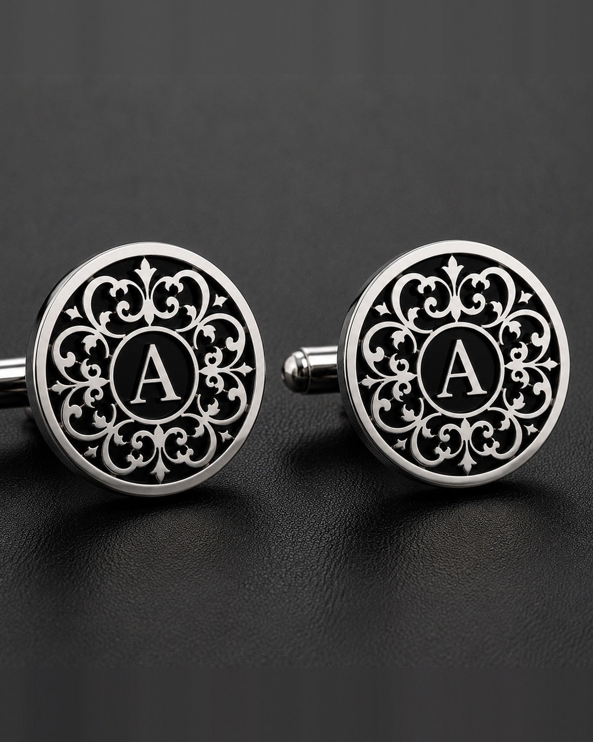 Personalized Monogram Cufflinks | Black Filigree Engraved Initial Groom Gift