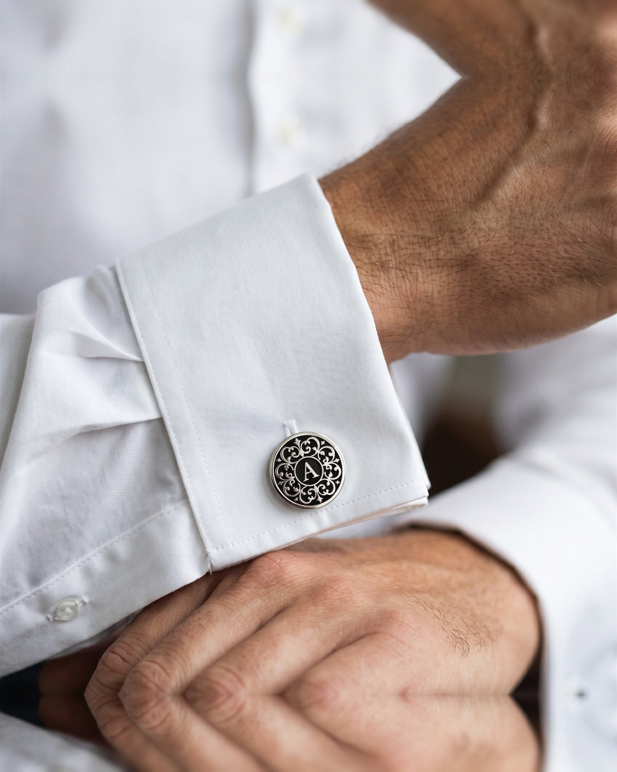 Personalized Monogram Cufflinks | Black Filigree Engraved Initial Groom Gift