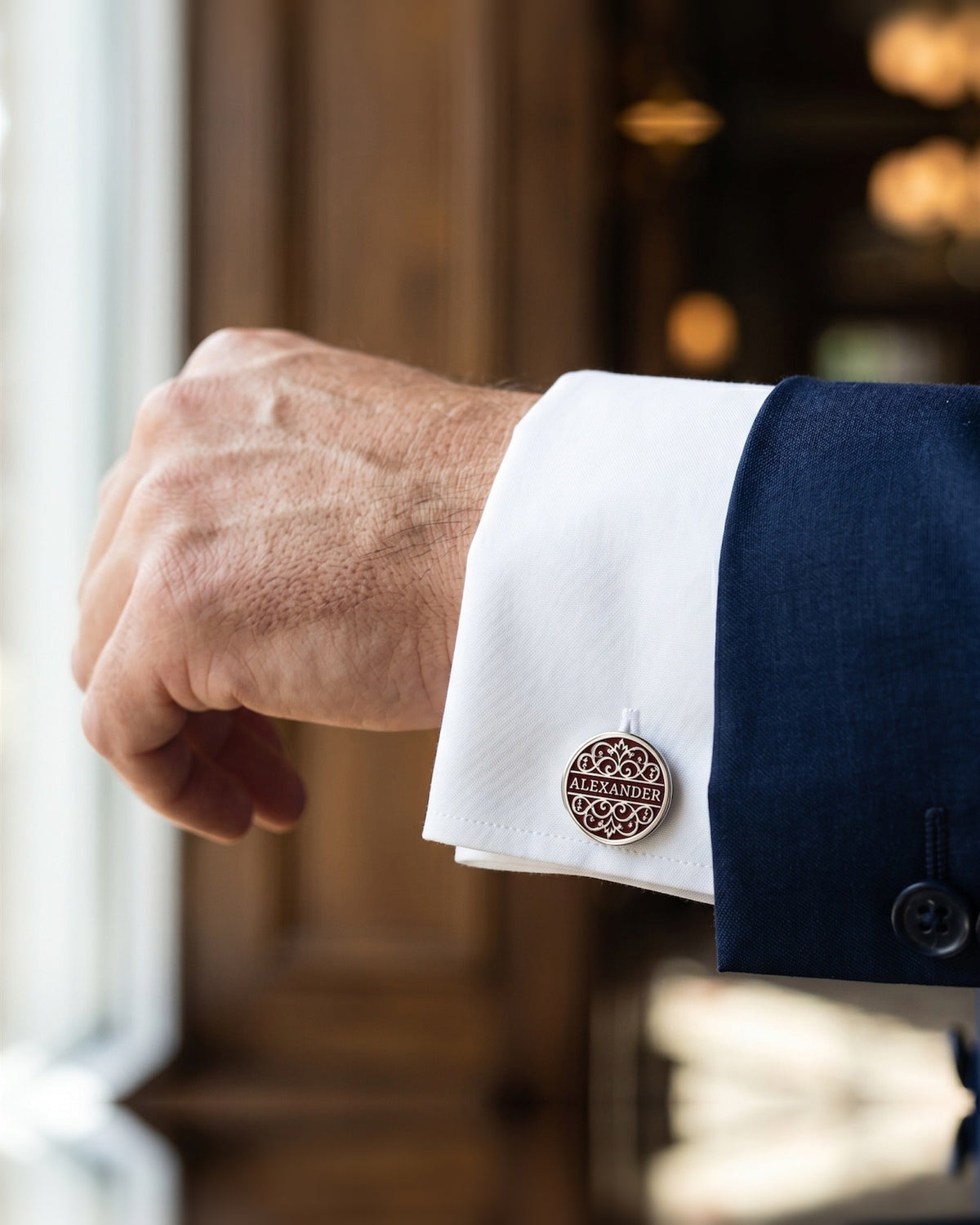 Personalized Name Cufflinks | Custom Engraved Burgundy Filigree Gift for Men