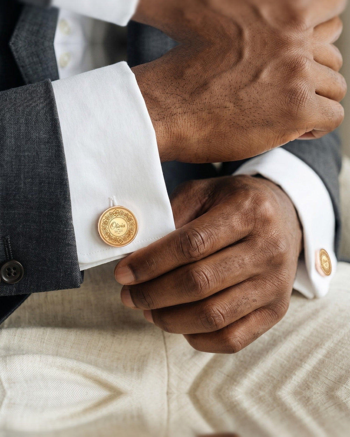 Personalized Name Cufflinks | Custom Engraved Floral Wreath Est. Date Gift