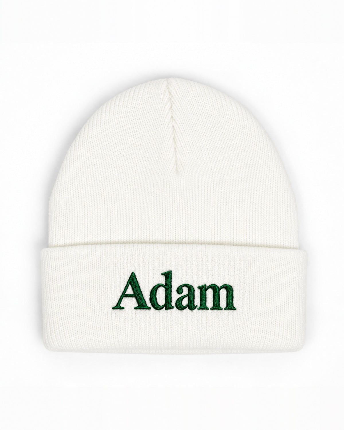 White cuffed knit beanie embroidered with a name in green thread — Eddia Socks