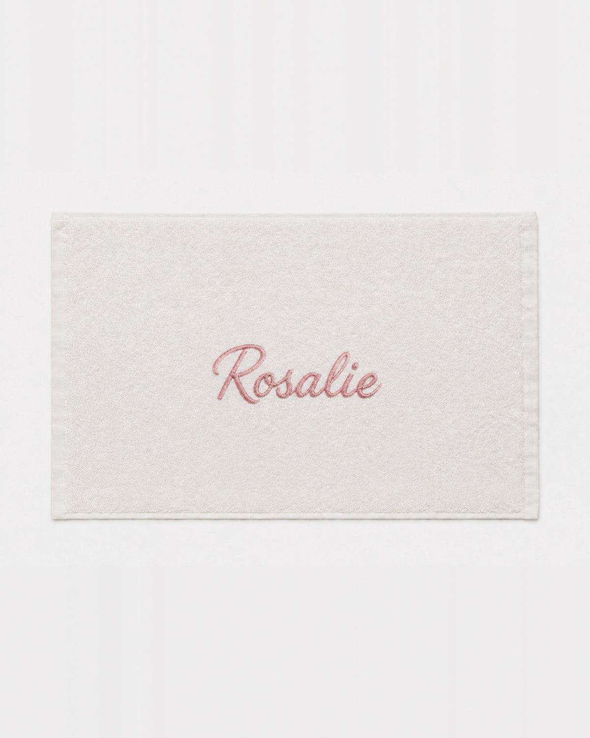 Rosalie personalized bamboo hand towel, pink script embroidery on ivory