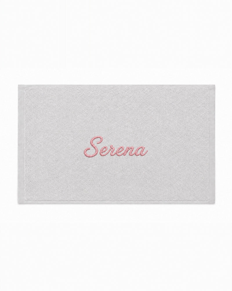 Serena Embroidered Bamboo Hand Towel | Personalized Name Towel, Pink Script on Light Gray