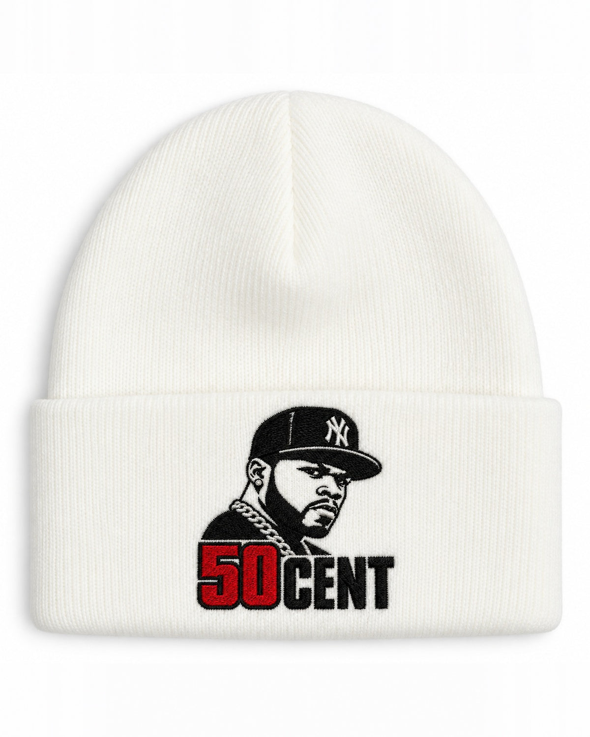 White beanie with custom embroidery on the cuff