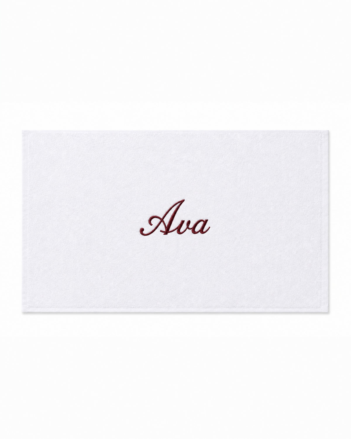Ava personalized bamboo hand towel, burgundy script embroidery on white