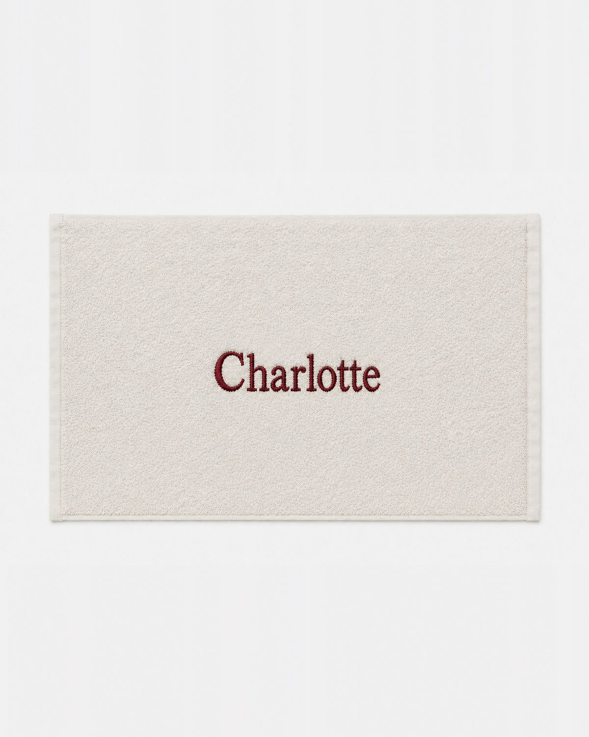 Charlotte personalized bamboo hand towel, burgundy serif embroidery on ivory