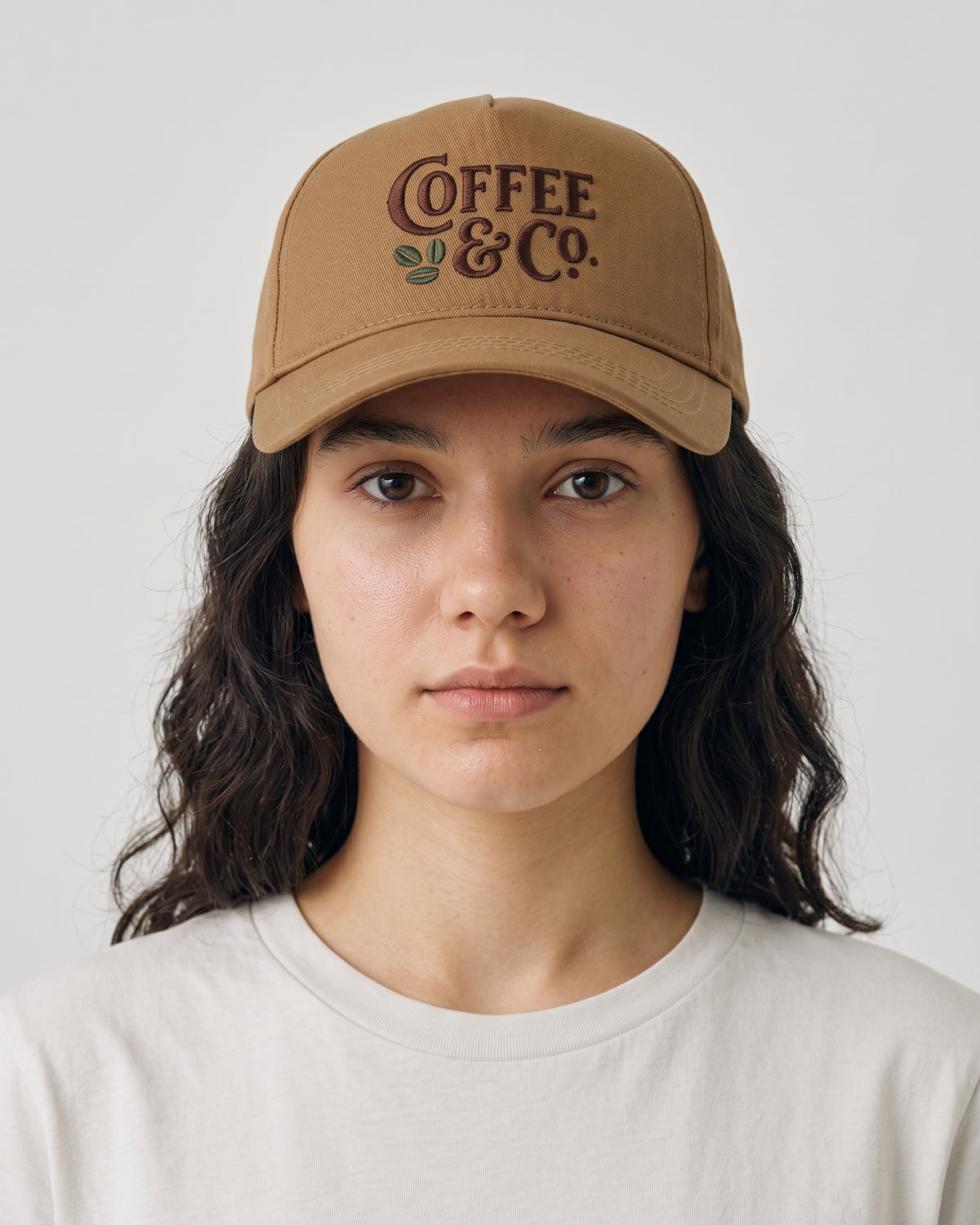 Coffee Shop Embroidered Hat worn by a model, front view