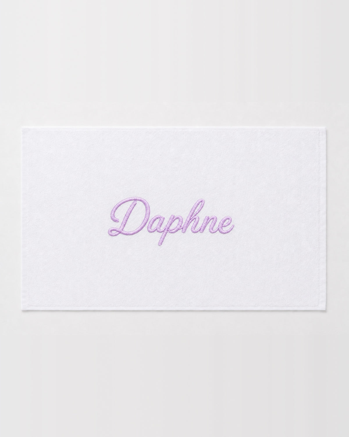 Daphne personalized bamboo hand towel, lavender script embroidery on white