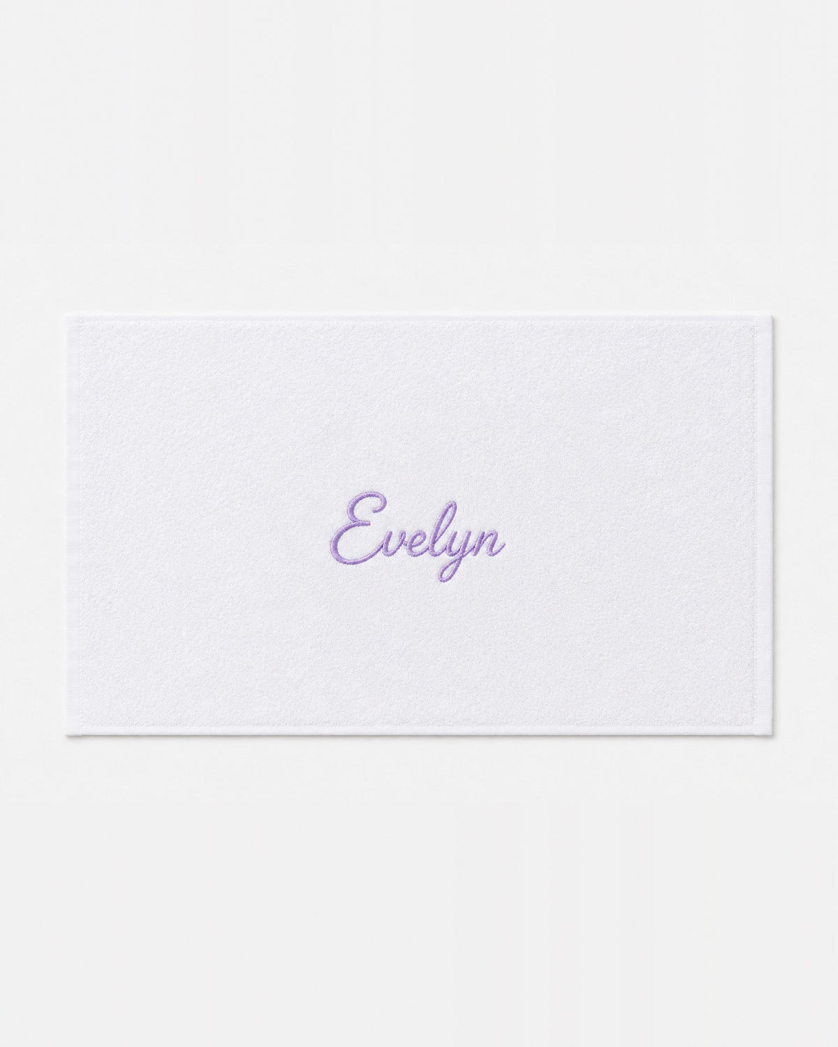 Evelyn personalized bamboo hand towel, lavender script embroidery on white