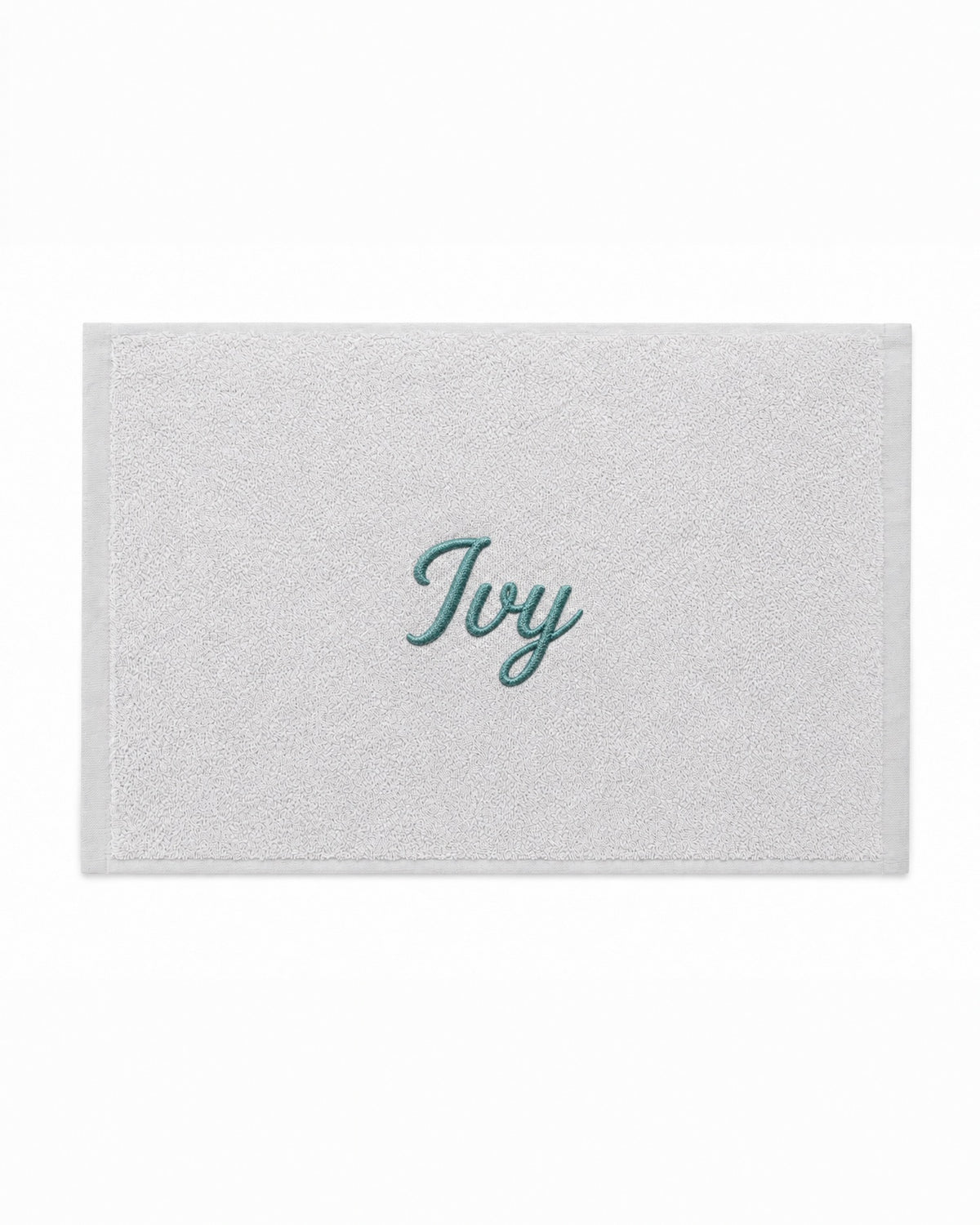 Ivy personalized bamboo hand towel, teal script embroidery on light gray